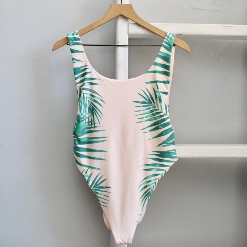 Aerie Green Pink Palm Leaf Print Super Scoop Cheekiest One-Piece Size Large
